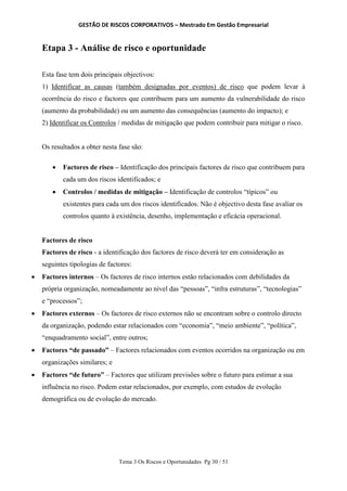 GESTÃO DE RISCOS CORPORATIVOS – Mestrado Em Gestão Empresarial
Tema 3 Os Riscos e Oportunidades Pg 30 / 51
Etapa 3 - Análise de risco e oportunidade
Esta fase tem dois principais objectivos:
1) Identificar as causas (também designadas por eventos) de risco que podem levar à
ocorrência do risco e factores que contribuem para um aumento da vulnerabilidade do risco
(aumento da probabilidade) ou um aumento das consequências (aumento do impacto); e
2) Identificar os Controlos / medidas de mitigação que podem contribuir para mitigar o risco.
Os resultados a obter nesta fase são:

 Factores de risco – Identificação dos principais factores de risco que contribuem para
cada um dos riscos identificados; e
 Controlos / medidas de mitigação – Identificação de controlos “típicos” ou
existentes para cada um dos riscos identificados. Não é objectivo desta fase avaliar os
controlos quanto à existência, desenho, implementação e eficácia operacional.
Factores de risco
Factores de risco - a identificação dos factores de risco deverá ter em consideração as
seguintes tipologias de factores:
 Factores internos – Os factores de risco internos estão relacionados com debilidades da
própria organização, nomeadamente ao nível das “pessoas”, “infra estruturas”, “tecnologias”
e “processos”;
 Factores externos – Os factores de risco externos não se encontram sobre o controlo directo
da organização, podendo estar relacionados com “economia”, “meio ambiente”, “política”,
“enquadramento social”, entre outros;
 Factores “de passado” – Factores relacionados com eventos ocorridos na organização ou em
organizações similares; e
 Factores “de futuro” – Factores que utilizam previsões sobre o futuro para estimar a sua
influência no risco. Podem estar relacionados, por exemplo, com estudos de evolução
demográfica ou de evolução do mercado.
 