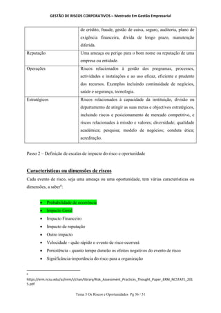 GESTÃO DE RISCOS CORPORATIVOS – Mestrado Em Gestão Empresarial
Tema 3 Os Riscos e Oportunidades Pg 36 / 51
de crédito, fraude, gestão de caixa, seguro, auditoria, plano de
exigência financeira, dívida de longo prazo, manutenção
diferida.
Reputação Uma ameaça ou perigo para o bom nome ou reputação de uma
empresa ou entidade.
Operações Riscos relacionados à gestão dos programas, processos,
actividades e instalações e ao uso eficaz, eficiente e prudente
dos recursos. Exemplos incluindo continuidade de negócios,
saúde e segurança, tecnologia.
Estratégicos Riscos relacionados à capacidade da instituição, divisão ou
departamento de atingir as suas metas e objectivos estratégicos,
incluindo riscos e posicionamento de mercado competitivo, e
riscos relacionados à missão e valores; diversidade; qualidade
académica; pesquisa; modelo de negócios; conduta ética;
acreditação.
Passo 2 – Definição de escalas de impacto do risco e oportunidade
Caracteristicas ou dimensões de riscos
Cada evento de risco, seja uma ameaça ou uma oportunidade, tem várias características ou
dimensões, a saber6
:
 Probabilidade de ocorrência
 Impacto Geral
 Impacto Financeiro
 Impacto de reputação
 Outro impacto
 Velocidade - quão rápido o evento de risco ocorrerá
 Persistência - quanto tempo durarão os efeitos negativos do evento de risco
 Significância-importância do risco para a organização
6
https://erm.ncsu.edu/az/erm/i/chan/library/Risk_Assessment_Practices_Thought_Paper_ERM_NCSTATE_201
5.pdf
 