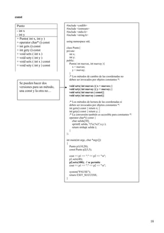 const

 Punto                         #include <cstdlib>
                               #include <iostream>
 - int x                       #include <stdio.h>
 - int y                       #include <string.h>
 + Punto( int x, int y )
 + operator char* () const     using namespace std;
 + int getx () const           class Punto{
 + int gety () const           private:
 + void setx ( int x )            int x;
 + void sety ( int y )            int y;
 + void setx ( int x ) const   public:
                                  Punto( int nuevax, int nuevay ){
 + void sety ( int y ) const         x = nuevax;
                                     y = nuevay;
                                  }
                                  /* Los métodos de cambio de las coordenadas no
                                  deben ser invocados por objetos constantes */
   Se pueden hacer dos
   versiones para un método,        void setx( int nuevax ){ x = nuevax; }
                                    void sety( int nuevay ){ y = nuevay; }
   una const y la otra no…          void setx( int nuevax ) const{}
                                    void sety( int nuevay ) const{}

                                    /* Los métodos de lectura de las coordenadas sí
                                    deben ser invocados por objetos constantes */
                                    int getx() const { return x; }
                                    int gety() const { return y; }
                                    /* La conversión también es accesible para constantes */
                                    operator char*() const {
                                       char salida[30];
                                       sprintf( salida, "(%i,%i)",x,y );
                                       return strdup( salida );
                                    }
                               };

                               int main(int argc, char *argv[])
                               {
                                  Punto p1(10,20);
                                  const Punto p2(5,5);

                                    cout << p1 << ":" << p2 << "n";
                                    p1.setx(40);
                                    p2.setx(100); // se permite
                                    cout << p1 << ":" << p2 << "n";

                                    system("PAUSE");
                                    return EXIT_SUCCESS;
                               }




                                                                                               18
 