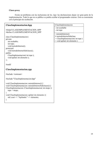 Clases proxy

           Existe un problema con las inclusiones de los .hpp: las declaraciones dejan ver gran parte de la
   implementación. Todo lo que no es público se podría ocultar al programador externo. Esto es consistente
   con el principio de ocultación.

ClaseImplementacion.hpp                                     ClaseImplementacion
                                                            - int ocultable
#ifndef CLASEIMPLEMENTACION_HPP                             - int tope
#define CLASEIMPLEMENTACION_HPP
                                                            - metodoInterno()
class ClaseImplementacion{                                  # metodoInternoSubclase
private:                                                    + ClaseImplementacion( int tope )
   int ocultable;                                           + void apilar( int elemento )
   int tope;
   void metodoInterno();
protected:
   void metodoInternoSubclases();
public:
   ClaseImplementacion( int tope );
   void apilar( int elemento );
};

#endif

ClaseImplementacion.cpp
#include <iostream>

#include "ClaseImplementacion.hpp"

void ClaseImplementacion::metodoInterno(){}
void ClaseImplementacion::metodoInternoSubclases(){}
ClaseImplementacion::ClaseImplementacion( int ntope ){
  tope = ntope;
}
void ClaseImplementacion::apilar( int elemento ){
  std::cout << "Apilando:" << elemento;
}




                                                                                                        19
 