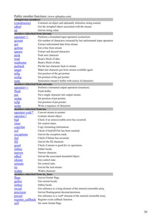 Public member functions: (www.cplusplus.com)
stringstream members:
(constructor)       Construct an object and optionally initizalize string content.
rdbuf               Get the stringbuf object associated with the stream.
str                 Get/set string value.
members inherited from istream:
operator>>          Performs a formatted input operation (extraction)
gcount              Get number of characters extracted by last unformatted input operation
get                 Extract unformatted data from stream
getline             Get a line from stream
ignore              Extract and discard characters
peek                Peek next character
read                Read a block of data
readsome            Read a block of data
putback             Put the last character back to stream
unget               Make last character got from stream available again
tellg               Get position of the get pointer
seekg               Set position of the get pointer
sync                Syncronize stream's buffer with source of characters
members inherited from ostream:
operator<<          Perform a formatted output operation (insertion).
flush               Flush buffer.
put                 Put a single character into output stream.
seekp               Set position of put pointer.
tellp               Get position of put pointer.
write               Write a sequence of characters.
members inherited from ios:
operator void * Convert stream to pointer.
operator !          evaluate stream object.
bad                 Check if an unrecoverable error has occurred.
clear               Set control states.
copyfmt             Copy formatting information.
eof                 Check if End-Of-File has been reached.
exceptions          Get/set the exception mask.
fail                Check if failure has occurred.
fill                Get/set the fill character.
good                Check if stream is good for i/o operations.
imbue               Imbue locale.
narrow              Narrow character.
rdbuf               Get/set the associated streambuf object.
rdstate             Get control state.
setstate            Set control state.
tie                 Get/set the tied stream.
widen               Widen character.
members inherited from ios_base:
flags               Get/set format flags.
getloc              Get current locale.
imbue               Imbue locale.
iword               Get reference to a long element of the internal extensible array.
precision           Get/set floating-point decimal presision.
pword               Get reference to a void* element of the internal extensible array.
register_callback Register event callback function.
setf                Set some format flags.


                                                                                             36
 