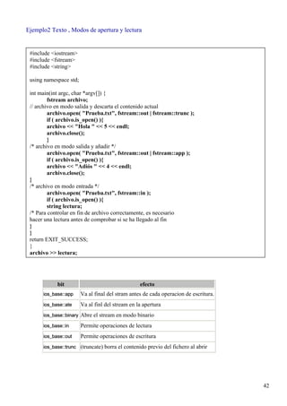 Ejemplo2 Texto , Modos de apertura y lectura


 #include <iostream>
 #include <fstream>
 #include <string>

 using namespace std;

 int main(int argc, char *argv[]) {
         fstream archivo;
 // archivo en modo salida y descarta el contenido actual
         archivo.open( "Prueba.txt", fstream::out | fstream::trunc );
         if ( archivo.is_open() ){
         archivo << "Hola " << 5 << endl;
         archivo.close();
         }
 /* archivo en modo salida y añadir */
         archivo.open( "Prueba.txt", fstream::out | fstream::app );
         if ( archivo.is_open() ){
         archivo << "Adiós " << 4 << endl;
         archivo.close();
 }
 /* archivo en modo entrada */
         archivo.open( "Prueba.txt", fstream::in );
         if ( archivo.is_open() ){
         string lectura;
 /* Para controlar en fin de archivo correctamente, es necesario
 hacer una lectura antes de comprobar si se ha llegado al fin
 }
 }
 return EXIT_SUCCESS;
 }
 archivo >> lectura;




            bit                                   efecto
      ios_base::app     Va al final del stram antes de cada operacion de escritura.
      ios_base::ate     Va al finl del stream en la apertura
      ios_base::binary Abre el stream en modo binario

      ios_base::in      Permite operaciones de lectura
      ios_base::out     Permite operaciones de escritura
      ios_base::trunc (truncate) borra el contenido previo del fichero al abrir




                                                                                      42
 