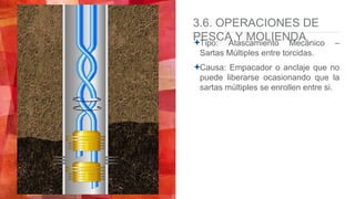 3.6. OPERACIONES DE
PESCA Y MOLIENDATipo: Atascamiento Mecánico –
Sartas Múltiples entre torcidas.
Causa: Empacador o anclaje que no
puede liberarse ocasionando que la
sartas múltiples se enrollen entre si.
 