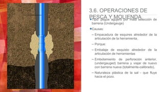 3.6. OPERACIONES DE
PESCA Y MOLIENDATipo: pegue agujero por mala selección de
barrena (Undergauge)
Causas:
– Empacadura de esquires alrededor de la
articulación de la herramienta.
– Porque:
– Embalaje de esquisto alrededor de la
articulación de herramientas
– Embotamiento de perforación anterior.
(undergauged) barrena y viajar de nuevo
con barrena nueva (totalmente-calibrado).
– Naturaleza plástica de la sal - que fluye
hacia el pozo.
 