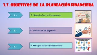 3.7. Objetivos de la planeación FINANCIERA
 Base de Control: Presupuesto
4.-
5.-
 Anticipar las decisiones futuras
6.-
 Concreción de objetivos
 