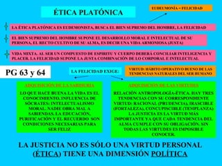 ÉTICA PLATÓNICA LA ÉTICA PLATÓNICA ES EUDEMONISTA, BUSCA EL BIEN SUPREMO DEL HOMBRE, LA FELICIDAD EL BIEN SUPREMO DEL HOMBRE SUPONE EL DESARROLLO MORAL E INTELECTUAL DE SU PERSONA, EL RECTO CULTIVO DE SU ALMA, ES DECIR UNA VIDA ARMONIOSA (JUSTA) VIDA MIXTA. AL SER UN COMPUESTO DE ESPIRITU Y CUERPO DEBERÁ CONCILIAR INTELIGENCIA Y PLACER. LA FELICIDAD SUPONE LA JUSTA COMBINACIÓN DE LO CORPORAL E INTELECTUAL LA FELICIDAD EXIGE: ADQUISICIÓN DE LA SABIDURÍA LO QUE HACE BUENA LA VIDA ES EL CONOCIMIENTO. INFLUENCIA DE SÓCRATES: INTELECTUALISMO MORAL. NADIE OBRA MAL A SABIENDAS. LA EDUCACIÓN, PURIFICACIÓN Y EL RECUERDO  SON CONDICIONES NECESARIAS PARA SER FELIZ ADQUISICIÓN DE LAS VIRTUDES RELACIÓN ANTROPOLOGÍA-ÉTICA. HAY TRES TENDENCIAS CON SU CORRESPONDIENTE VIRTUD: RACIONAL (PRUDENCIA), IRASCIBLE (FORTALEZA), CONCUPISCIBLE (TEMPLANZA) LA JUSTICIA ES LA VIRTUD MÁS IMPORTANTE YA QUE CADA TENDENCIA DEL ALMA CUMPLE CON SU OBLIGACIÓN. SIN TODAS LAS VIRTUDES ES IMPOSIBLE CONOCER. EUDEUMONÍA = FELICIDAD VIRTUD: HÁBITO OPERATIVO BUENO DE LAS TENDENCIAS NATURALES DEL SER HUMANO LA JUSTICIA NO ES SÓLO UNA VIRTUD PERSONAL ( ÉTICA ) TIENE UNA DIMENSIÓN  POLÍTICA PG 63 y 64 