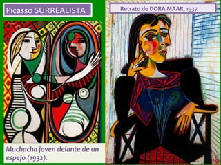 Picasso	SURREALISTA	
Muchacha	joven	delante	de	un	
espejo	(1932).	
						Retrato	de	DORA	MAAR,	1937	
 