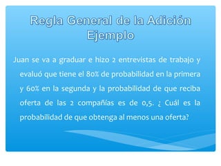 Juan se va a graduar e hizo 2 entrevistas de trabajo y
evaluó que tiene el 80% de probabilidad en la primera
y 60% en la segunda y la probabilidad de que reciba
oferta de las 2 compañías es de 0,5. ¿ Cuál es la
probabilidad de que obtenga al menos una oferta?

 