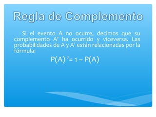 Si el evento A no ocurre, decimos que su
complemento A’ ha ocurrido y viceversa. Las
probabilidades de A y A’ están relacionadas por la
fórmula:

P(A) ’= 1 – P(A)

 