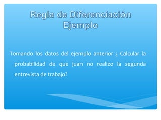 Tomando los datos del ejemplo anterior ¿ Calcular la
probabilidad de que juan no realizo la segunda
entrevista de trabajo?

 