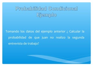 Tomando los datos del ejemplo anterior ¿ Calcular la
probabilidad de que juan no realizo la segunda
entrevista de trabajo?

 
