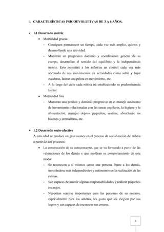 1. CARACTERÍSTICAS PSICOEVOLUTIVAS DE 3 A 6 AÑOS.


 1.1 Desarrollo motriz
         Motricidad gruesa
          -   Consiguen permanecer un tiempo, cada vez más amplio, quietos y
              desarrollando una actividad.
          -   Muestran un progresivo dominio y coordinación general de su
              cuerpo, desarrollan el sentido del equilibrio y la independencia
              motriz. Esto permitirá a los niños/as un control cada vez más
              adecuado de sus movimientos en actividades como subir y bajar
              escaleras, lanzar una pelota en movimiento, etc.
          -   A lo largo del ciclo cada niño/a irá estableciendo su predominancia
              lateral.
         Motricidad fina
          -   Muestran una presión y dominio progresivo en el manejo autónomo
              de herramientas relacionadas con las tareas escolares, la higiene y la
              alimentación: manejar objetos pequeños, vestirse, abrocharse los
              botones y cremalleras, etc.


 1.2 Desarrollo socio-afectivo
   A esta edad se produce un gran avance en el proceso de socialización del niño/a
   a partir de dos procesos:
         La construcción de su autoconcepto, que se va formando a partir de las
          valoraciones de los demás y que moldean su comportamiento de este
          modo:
          -   Se reconocen a sí mismos como una persona frente a los demás,
              mostrándose más independientes y autónomos en la realización de las
              rutinas.
          -   Son capaces de asumir algunas responsabilidades y realizar pequeños
              encargos.
          -   Necesitan sentirse importantes para las personas de su entorno,
              especialmente para los adultos, les gusta que los elogien por sus
              logros y son capaces de reconocer sus errores.



                                                                               3
 
