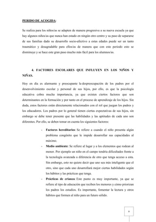 PERIDO DE ACOGIDA:


Se realiza para los niños/as se adapten de manera progresiva a su nueva escuela ya que
hay algunos niños/as que nunca han estado en ningún otro centro y su paso de separarse
de sus familias dado su desarrollo socio-afectivo a estas edades puede ser un tanto
traumático y desagradable para ellos/as de manera que con este periodo esto se
disminuye y se hace este gran paso mucho más fácil para los alumnos/as.




       4. FACTORES ESCOLARES QUE INFLUYEN EN LOS NIÑOS Y
NIÑAS.

Hoy en día es alarmante y preocupante la despreocupación de los padres por el
desenvolvimiento escolar y personal de sus hijos, por ello, es que la psicología
educativa cobra mucha importancia, ya que existen ciertos factores que son
determinantes en la formación y por tanto en el proceso de aprendizaje de los hijos. Sin
duda, estos factores están directamente relacionados con el rol que juegan los padres y
los educadores. Los padres por lo general tienen ciertas expectativas de sus hijos, sin
embargo se debe tener presente que las habilidades y las aptitudes de cada uno son
diferentes. Por ello, se deben tomar en cuenta los siguientes factores:

               -   Factores hereditarios: Se refiere a cuando el niño presenta algún
                   problema congénito que le impide desarrollar sus capacidades al
                   máximo.
               -   Medio ambiente: Se refiere al lugar y a los elementos que rodean al
                   menor. Por ejemplo un niño en el campo tendría dificultades frente a
                   la tecnología avanzada a diferencia de otro que tenga acceso a esta.
                   Sin embargo, esto no quiere decir que uno sea más inteligente que el
                   otro, sino que cada uno desarrollará mejor ciertas habilidades según
                   los hábitos y las prácticas que tenga.
               -   Prácticas de crianza: Este punto es muy importante, ya que se
                   refiere al tipo de educación que reciben los menores y cómo priorizan
                   los padres los estudios. Es importante, fomentar la lectura y otros
                   hábitos que formen al niño para un futuro sólido.




                                                                                   8
 