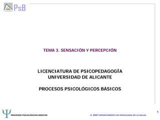 PROCESOS PSICOLÓGICOS BÁSICOS © 2007 DEPARTAMENTO DE PSICOLOGÍA DE LA SALUD
1
TEMA 3. SENSACIÓN Y PERCEPCIÓN
LICENCIATURA DE PSICOPEDAGOGÍA
UNIVERSIDAD DE ALICANTE
PROCESOS PSICOLÓGICOS BÁSICOS
 