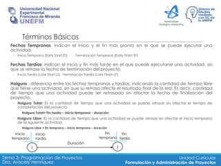 Términos Básicos
Fechas Tempranas. Indican el inicio y el fin más pronto en el que se puede ejecutar una
actividad.
◦ Inicio Temprano (Early Start ES) -Terminación Temprana (Early Finish EF)
Fechas Tardías: indican el inicio y fin más tarde en el que puede ejecutarse una actividad, sin
que se retrase la fecha de terminación del proyecto.
◦ Inicio Tardío (Late Start LS) -Terminación Tardía (Late Finish LF)
Holgura : diferencia entre las fechas tempranas y tardías, indicando la cantidad de tiempo libre
que tiene una actividad, sin que su retraso afecte el resultado final de la red. Es decir, cantidad
de tiempo que una actividad puede ser retrasada sin afectar la fecha de finalización del
proyecto.
◦ Holgura Total: Es la cantidad de tiempo que una actividad se puede atrasar sin afectar el tiempo de
completación del proyecto.
◦ Holgura Total= Fin tardío – inicio temprano - duración
◦ Holgura Libre: Es la cantidad de tiempo que una actividad se puede atrasar sin afectar el inicio temprano
de la siguiente actividad.
◦ Holgura Libre = fin temprano – inicio temprano - duración
Tema 3: Programación de Proyectos
Dra. Aracely Henríquez
Unidad Curricular
Formulación y Administración de Proyectos
i j
Inicio
temprano
Inicio
tardío
Fin
temprano
Fin
tardío
Duración
 