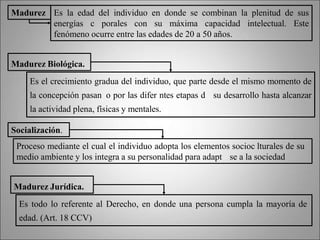 Madurez Es la edad del individuo en donde se combinan la plenitud de sus
energías c porales con su máxima capacidad intelectual. Este
fenómeno ocurre entre las edades de 20 a 50 años.
Madurez Biológica.
Es el crecimiento gradua del individuo, que parte desde el mismo momento de
la concepción pasan o por las difer ntes etapas d su desarrollo hasta alcanzar
la actividad plena, físicas y mentales.
Proceso mediante el cual el individuo adopta los elementos socioc lturales de su
medio ambiente y los integra a su personalidad para adapt se a la sociedad
Es todo lo referente al Derecho, en donde una persona cumpla la mayoría de
edad. (Art. 18 CCV)
Madurez Jurídica.
Socialización.
 