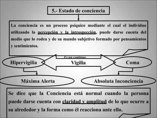 5.- Estado de conciencia
La conciencia es un proceso psíquico mediante el cual el individuo
utilizando la percepción y la introspección, puede darse cuenta del
medio que lo rodea y de su mundo subjetivo formado por pensamientos
y sentimientos.
Hipervigilia Coma
Es un continuo
Vigilia
Máxima Alerta Absoluta Inconciencia
Se dice que la Conciencia está normal cuando la persona
puede darse cuenta con claridad y amplitud de lo que ocurre a
su alrededor y la forma como él reacciona ante ello.
 