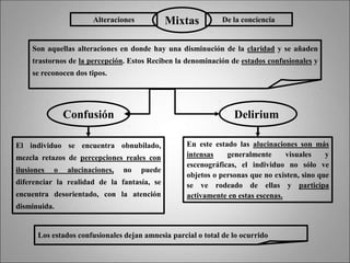 Alteraciones Mixtas De la conciencia
Son aquellas alteraciones en donde hay una disminución de la claridad y se añaden
trastornos de la percepción. Estos Reciben la denominación de estados confusionales y
se reconocen dos tipos.
Confusión Delirium
El individuo se encuentra obnubilado,
mezcla retazos de percepciones reales con
ilusiones o alucinaciones, no puede
diferenciar la realidad de la fantasía, se
encuentra desorientado, con la atención
disminuida.
En este estado las alucinaciones son más
intensas generalmente visuales y
escenográficas, el individuo no sólo ve
objetos o personas que no existen, sino que
se ve rodeado de ellas y participa
activamente en estas escenas.
Los estados confusionales dejan amnesia parcial o total de lo ocurrido
 
