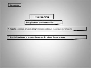 Evaluación
La Atención
Se explora con pruebas sencillas:
* Repetir en orden inverso, progresiones numéricas conocidas por el sujeto
* Repetir los días de la semana, los meses del año en forma inversa.
 