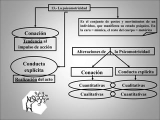 13.- La psicomotricidad
Es el conjunto de gestos y movimientos de un
individuo, que manifiesta su estado psíquico. En
la cara = mímica, el resto del cuerpo = motórica
Conación
Tendencia al
impulso de acción
Conducta
explícita
Realización del acto
la Psicomotricidad
Alteraciones de
Conación Conducta explícita
Cuantitativas
Cualitativas
Cualitativas
Cuantitativas
 