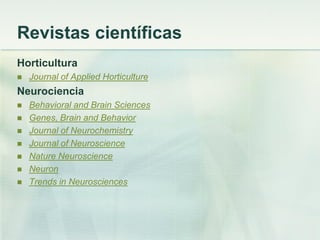 Revistas científicas
Horticultura
 Journal of Applied Horticulture
Neurociencia
 Behavioral and Brain Sciences
 Genes, Brain and Behavior
 Journal of Neurochemistry
 Journal of Neuroscience
 Nature Neuroscience
 Neuron
 Trends in Neurosciences
 
