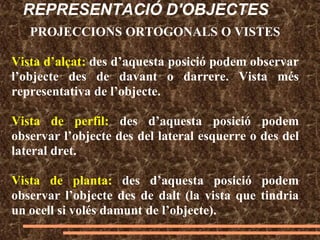 REPRESENTACIÓ D'OBJECTES
PROJECCIONS ORTOGONALS O VISTES
Vista d’alçat: des d’aquesta posició podem observar
l’objecte des de davant o darrere. Vista més
representativa de l’objecte.
Vista de perfil: des d’aquesta posició podem
observar l’objecte des del lateral esquerre o des del
lateral dret.
Vista de planta: des d’aquesta posició podem
observar l’objecte des de dalt (la vista que tindria
un ocell si volés damunt de l’objecte).
 