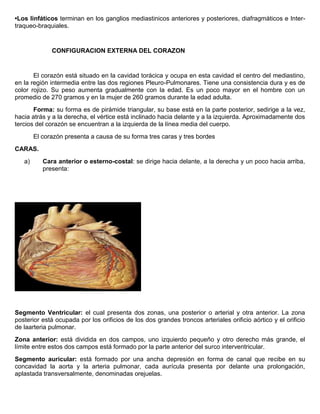 •Los linfáticos terminan en los ganglios mediastinicos anteriores y posteriores, diafragmáticos e Inter-traqueo- 
braquiales. 
CONFIGURACION EXTERNA DEL CORAZON 
El corazón está situado en la cavidad torácica y ocupa en esta cavidad el centro del mediastino, 
en la región intermedia entre las dos regiones Pleuro-Pulmonares. Tiene una consistencia dura y es de 
color rojizo. Su peso aumenta gradualmente con la edad. Es un poco mayor en el hombre con un 
promedio de 270 gramos y en la mujer de 260 gramos durante la edad adulta. 
Forma: su forma es de pirámide triangular, su base está en la parte posterior, sedirige a la vez, 
hacia atrás y a la derecha, el vértice está inclinado hacia delante y a la izquierda. Aproximadamente dos 
tercios del corazón se encuentran a la izquierda de la línea media del cuerpo. 
El corazón presenta a causa de su forma tres caras y tres bordes 
CARAS. 
a) Cara anterior o esterno-costal: se dirige hacia delante, a la derecha y un poco hacia arriba, 
presenta: 
Segmento Ventricular: el cual presenta dos zonas, una posterior o arterial y otra anterior. La zona 
posterior está ocupada por los orificios de los dos grandes troncos arteriales orificio aórtico y el orificio 
de laarteria pulmonar. 
Zona anterior: está dividida en dos campos, uno izquierdo pequeño y otro derecho más grande, el 
límite entre estos dos campos está formado por la parte anterior del surco interventricular. 
Segmento auricular: está formado por una ancha depresión en forma de canal que recibe en su 
concavidad la aorta y la arteria pulmonar, cada aurícula presenta por delante una prolongación, 
aplastada transversalmente, denominadas orejuelas. 
 