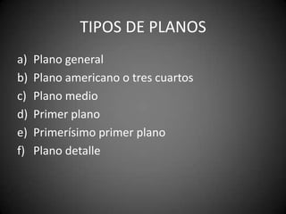 Tipos de planosPlano generalPlano americano o tres cuartosPlano medioPrimer planoPrimerísimo primer planoPlano detalle