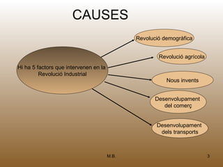 CAUSES
                                              Revolució demogràfica


                                                      Revolució agrícola
Hi ha 5 factors que intervenen en la
         Revolució Industrial
                                                         Nous invents


                                                     Desenvolupament
                                                        del comerç


                                                     Desenvolupament
                                                      dels transports



                                       M.B.                                3
 