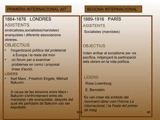 PRIMERA INTERNACIONAL AIT                           SEGONA INTERNACIONAL

1864-1876 LONDRES                                  1889-1916 PARÍS
ASISTENTS                                          ASISTENTS
sindicalistes,socialistes(marxistes)                   Socialistes (marxistes)
anarquistes i diferents associacions
obreres.
OBJECTIUS                                          OBJECTIUS
•  l'organització política del proletariat
                                                   Volen arribar al socialisme per via
     a Europa i la resta del món
                                                   pacífica, mitjançant la participació
•   un fòrum per a examinar
                                                   dels obrers en la vida política.
    problemes en comú i proposar
    línies d'acció.
LÍDERS
• Karl Marx , Friedrich Engels, Mikhaïl                LÍDERS
   Bakunin.                                            Rosa Luxenburg
                                                       E. Bernstein
     A causa de les tensions entre Marx i
     Bakunin s’enfrontament entre els                  Es van crear els símbols del
     marxistes i els anarquistes, després del
                                                       moviment obrer com l’himne La
     qual els partidaris de Bakunin van ser
     expulsats.                                        Internacional, i la Festa del primer
                                                       de maig
                                                M.B.                                          60
 