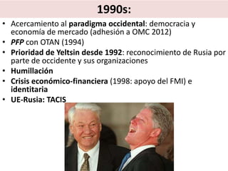 • Acercamiento al paradigma occidental: democracia y
economía de mercado (adhesión a OMC 2012)
• PFP con OTAN (1994)
• Prioridad de Yeltsin desde 1992: reconocimiento de Rusia por
parte de occidente y sus organizaciones
• Humillación
• Crisis económico-financiera (1998: apoyo del FMI) e
identitaria
• UE-Rusia: TACIS
1990s:
 