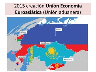 2015 creación Unión Economía
Euroasiática (Unión aduanera)
 