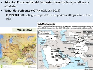 • Prioridad Rusia: unidad del territorio => control Zona de influencia
alrededor
• Temor del occidente y OTAN (Calduch 2014)
11/9/2001→Despliegue tropas EEUU en periferia (Kirguistán + Uzb +
Taj.)
Mapa del 2002:
 