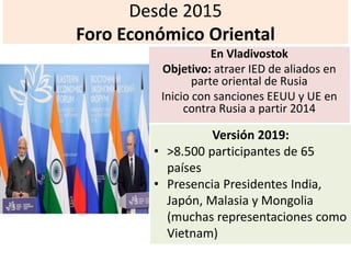 Desde 2015
Foro Económico Oriental
En Vladivostok
Objetivo: atraer IED de aliados en
parte oriental de Rusia
Inicio con sanciones EEUU y UE en
contra Rusia a partir 2014
Versión 2019:
• >8.500 participantes de 65
países
• Presencia Presidentes India,
Japón, Malasia y Mongolia
(muchas representaciones como
Vietnam)
 