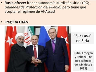 • Rusia ofrece: frenar autonomía Kurdistán sirio (YPG;
Unidades de Protección del Pueblo) pero tiene que
aceptar el régimen de Al-Assad
• Fragiliza OTAN
Putin, Erdogan
y Rohaní (Pte
Rep Islámica
de Irán desde
2013)
“Pax rusa”
en Siria
 