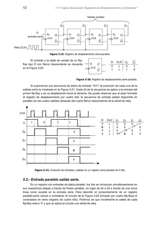 12 T-3 “Lógica Secuencial. Registros de Desplazamiento y Contadores”
Figura 3.19. Registro de desplazamiento serie-paralelo.
El símbolo y la tabla de verdad de un flip-
flop tipo D con flanco descendente se recuerda
en la Figura 3-20.
Figura 3-20. Registro de desplazamiento serie-paralelo.
Si suponemos una secuencia de datos de entrada ‘1011’ la evolución de cada una de la
salidas sería la mostrada en la Figura 3-21. Cada bit de la secuencia se aplica a la entrada del
primer flip-flop y se va desplazando hacia la derecha. Se puede observar que al estar formado
el registro de desplazamiento por cuatro bits, la secuencia de entrada estará disponible en
paralelo (en las cuatro salidas) después del cuarto flanco descendente de la señal de reloj.
D CLK 3Q 2Q 1Q 0Q
1 ↓ 0 0 0 1
0 ↓ 0 0 1 0
1 ↓ 0 1 0 1
1 ↓ 1 0 1 1
Figura 3-21. Evolución de entradas y salidas en un registro serie-paralelo de 4 bits.
5.2.- Entrada paralelo salida serie.
Es un registro con entradas de datos paralelo, los bits se introducen simultáneamente en
sus respectivas etapas a través de líneas paralelo, en lugar de bit a bit a través de una única
línea como sucede en la entrada serie. Para describir el comportamiento de un registro
paralelo-serie vamos a considerar el circuito de la Figura 3-22 formado por cuatro flip-flops D
conectados en serie (registro de cuatro bits). Partimos de que inicialmente la salida de cada
flip-flop está a ‘0’ y que se aplica al circuito una señal de reloj.
D CLK nQ nQ
0 ↓ 0 1
1 ↓ 1 0
D
CLK
Q
Q
CLK
D 1 0 1 1
1
1
0
1
Q0
Q1
Q2
Q3
Salidas paralelo
D0
CLK
D1
CLK
D2
CLK
1
1
Q
Q D3
CLK
0
0
Q
Q
D
(entrada serie)
Reloj (CLK)
3Q2Q1Q0Q
3
3
Q
Q
2
2
Q
Q
 