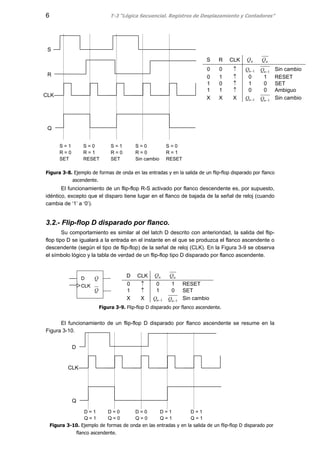 6 T-3 “Lógica Secuencial. Registros de Desplazamiento y Contadores”
Figura 3-8. Ejemplo de formas de onda en las entradas y en la salida de un flip-flop disparado por flanco
ascendente.
El funcionamiento de un flip-flop R-S activado por flanco descendente es, por supuesto,
idéntico, excepto que el disparo tiene lugar en el flanco de bajada de la señal de reloj (cuando
cambia de ‘1’ a ‘0’).
3.2.- Flip-flop D disparado por flanco.
Su comportamiento es similar al del latch D descrito con anterioridad, la salida del flip-
flop tipo D se igualará a la entrada en el instante en el que se produzca el flanco ascendente o
descendente (según el tipo de flip-flop) de la señal de reloj (CLK). En la Figura 3-9 se observa
el símbolo lógico y la tabla de verdad de un flip-flop tipo D disparado por flanco ascendente.
D CLK nQ nQ
0 ↑ 0 1 RESET
1 ↑ 1 0 SET
X X 1−nQ 1−nQ Sin cambio
Figura 3-9. Flip-flop D disparado por flanco ascendente.
El funcionamiento de un flip-flop D disparado por flanco ascendente se resume en la
Figura 3-10.
S R CLK nQ nQ
0 0 ↑ 1−nQ 1−nQ Sin cambio
0 1 ↑ 0 1 RESET
1 0 ↑ 1 0 SET
1 1 ↑ 0 0 Ambiguo
X X X 1−nQ 1−nQ Sin cambio
S
R
CLK
Q
S = 1
R = 0
SET
S = 0
R = 1
RESET
S = 1
R = 0
SET
S = 0
R = 0
Sin cambio
S = 0
R = 1
RESET
D
CLK
Q
Q
D
CLK
Q
D = 1
Q = 1
D = 0
Q = 0
D = 0
Q = 0
D = 1
Q = 1
D = 1
Q = 1
Figura 3-10. Ejemplo de formas de onda en las entradas y en la salida de un flip-flop D disparado por
flanco ascendente.
 