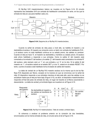 T-3 “Lógica Secuencial. Registros de Desplazamiento y Contadores” 9
El flip-flop S-R maestro/esclavo básico se muestra en la Figura 3-14. El circuito
representa dos biestables S-R con entrada de habilitación conectados en serie, en los que la
entrada de reloj se usa para habilitar cada uno.
Figura 3-14. Diagrama de un flip-flop R-S maestro/esclavo.
Cuando la señal de entrada de reloj pasa a nivel alto, se habilita el maestro y se
deshabilita el esclavo. El maestro se comporta como un latch con entrada de habilitación R-S ,
y el esclavo como no está habilitado continua en su estado previo, las salidas no cambian.
Cuando el reloj se hace ‘0’, el maestro se deshabilita y mantiene su estado previo. El esclavo
está ahora habilitado y responde a sus entradas. Como la salida Q’ del maestro está
conectada a la entrada S’ del esclavo y la salida 'Q del maestro está conectada a la entrada R’
del esclavo, este siempre verá un ‘1’ en una entrada y un ‘0’ en la otra. Si la salida Q del
maestro es ‘1’, el esclavo estará en el estado SET y si es ‘0’, estará en el estado RESET. Por
tanto, cuando el esclavo está habilitado toma el estado de salida del maestro.
La tabla de verdad de un flip-flop R-S maestro esclavo es la misma que la de los flip-
flops R-S disparado por flanco, excepto en la manera en que se sincroniza con la señal de
reloj. El dispositivo responde a sus entradas mientras el reloj está alto, pero las salidas no se
actualizan hasta que el reloj se hace bajo (Figura 3-15), es decir, el dispositivo maestro/esclavo
responde al final del pulso de entrada de reloj, en lugar de hacerlo en el flanco ascendente o
descendente . La tabla de verdad y el símbolo lógico se muestran en al Figura 3-15.
Figura 3-15. Flip-flop R-S maestro/esclavo. Tabla de verdad y símbolo lógico.
Si volvemos a analizar el problema anterior en la conexión de dos biestables,
sincronizados con la misma entrada de reloj, el circuito sería el de la Figura 3-16.
S R CLK nQ nQ
0 0 П 1−nQ 1−nQ Sin cambio
0 1 П 0 1 RESET
1 0 П 1 0 SET
S
R
'Q
'Q
S
R
CLK
S
R
Q
Q
S’
R’
CLK
Maestro Esclavo
Reloj
Respuesta
del maestro Se deshabilita el maestro y
las salidas se transfieren al
esclavo
S
CLK
R
Q
Q
M/S
 