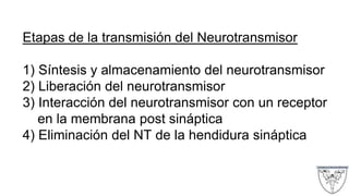 Etapas de la transmisión del Neurotransmisor
1) Síntesis y almacenamiento del neurotransmisor
2) Liberación del neurotransmisor
3) Interacción del neurotransmisor con un receptor
en la membrana post sináptica
4) Eliminación del NT de la hendidura sináptica
 