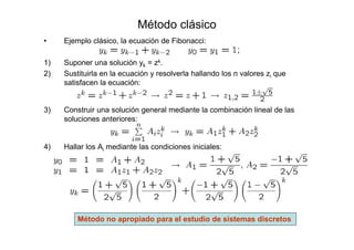 Método clásico
• Ejemplo clásico, la ecuación de Fibonacci:
1) Suponer una solución yk = zk.
2) Sustituirla en la ecuación y resolverla hallando los n valores zi que
satisfacen la ecuación:
3) Construir una solución general mediante la combinación lineal de las
soluciones anteriores:
4) Hallar los Ai mediante las condiciones iniciales:
Método no apropiado para el estudio de sistemas discretos
 