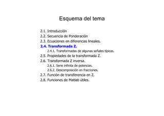 Esquema del tema
2.1. Introducción
2.2. Secuencia de Ponderación
2.3. Ecuaciones en diferencias lineales.
2.4. Transformada Z.
2.4.1. Transformadas de algunas señales típicas.
2.5. Propiedades de la transformada Z.
2.6. Transformada Z inversa.
2.6.1. Serie infinita de potencias.
2.6.2. Descomposición en fracciones.
2.7. Función de transferencia en Z.
2.8. Funciones de Matlab útiles.
 