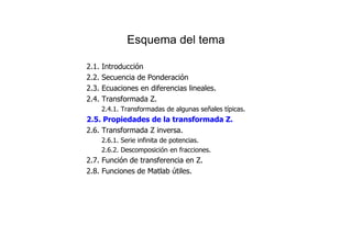 Esquema del tema
2.1. Introducción
2.2. Secuencia de Ponderación
2.3. Ecuaciones en diferencias lineales.
2.4. Transformada Z.
2.4.1. Transformadas de algunas señales típicas.
2.5. Propiedades de la transformada Z.
2.6. Transformada Z inversa.
2.6.1. Serie infinita de potencias.
2.6.2. Descomposición en fracciones.
2.7. Función de transferencia en Z.
2.8. Funciones de Matlab útiles.
 