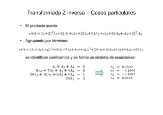 Transformada Z inversa – Casos particulares
• El producto queda:
• Agrupando por términos:
se identifican coeficientes y se forma un sistema de ecuaciones:
 