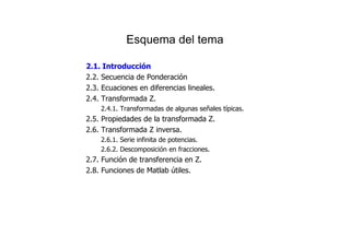 Esquema del tema
2.1. Introducción
2.2. Secuencia de Ponderación
2.3. Ecuaciones en diferencias lineales.
2.4. Transformada Z.
2.4.1. Transformadas de algunas señales típicas.
2.5. Propiedades de la transformada Z.
2.6. Transformada Z inversa.
2.6.1. Serie infinita de potencias.
2.6.2. Descomposición en fracciones.
2.7. Función de transferencia en Z.
2.8. Funciones de Matlab útiles.
 