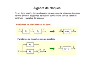 Algebra de bloques
• El uso de la función de transferencia para representar sistemas discretos
permite emplear diagramas de bloques como ocurre con los sistemas
continuos Algebra de bloques.
Funciones de transferencia en serie
Funciones de transferencia en paralelo
 