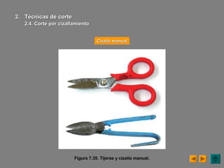 Figura 7.35. Tijeras y cizalla manual.
Cizalla manualCizalla manual
2.2. Técnicas de corteTécnicas de corte
2.4. Corte por2.4. Corte por cizallamientocizallamiento
 