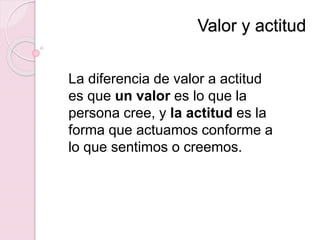 Valor y actitud
La diferencia de valor a actitud
es que un valor es lo que la
persona cree, y la actitud es la
forma que actuamos conforme a
lo que sentimos o creemos.
 