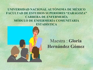 UNIVERSIDAD NACIONAL AUTÓNOMA DE MÉXICO
FACULTAD DE ESTUDIOS SUPERIORES “ZARAGOZA”
CARRERA DE ENFERMERÍA
MÓDULO DE ENFERMERÍA COMUNITARIA
ESTADÍSTICA

Maestra : Gloria
Hernández Gómez

1

 