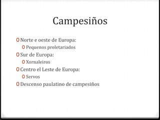 Campesiños
0 Norte e oeste de Europa:
  0 Pequenos proletariados
0 Sur de Europa:
   0 Xornaleiros
0 Centro el Leste de Europa:
   0 Servos
0 Descenso paulatino de campesiños
 