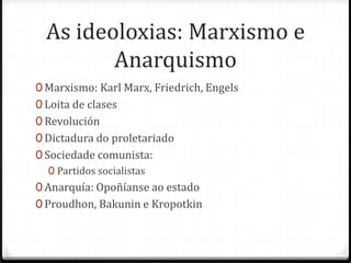 As ideoloxias: Marxismo e
         Anarquismo
0 Marxismo: Karl Marx, Friedrich, Engels
0 Loita de clases
0 Revolución
0 Dictadura do proletariado
0 Sociedade comunista:
   0 Partidos socialistas
0 Anarquía: Opoñíanse ao estado
0 Proudhon, Bakunin e Kropotkin
 